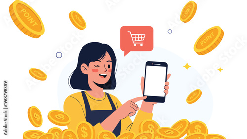 Happy young woman using a smartphone with floating point coins for mobile shopping rewards and digital payment technology concepts.