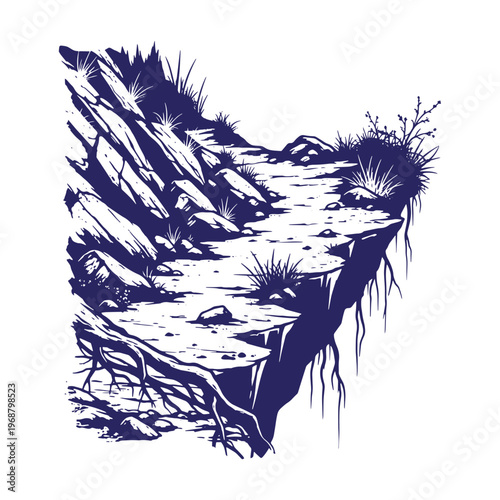 Dark blue ink of a rocky mountain trail edge with grass tufts and exposed tree roots on a white background