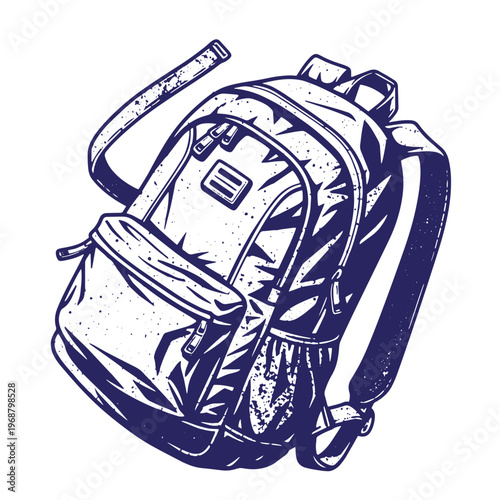 Dark blue ink of a school backpack with zipper compartments and adjustable shoulder straps featuring a textured stippled effect on a white background