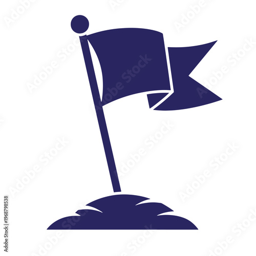 Dark blue silhouette of a flag waving on a small mound of earth isolated on a white background representing a goal or achievement