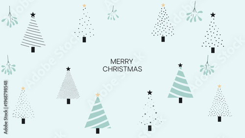 Elegant and minimalist merry christmas greeting card featuring stylized pine trees and mistletoe on a light blue background design.