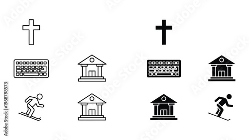 Contrasting icons of religion, technology, architecture, and sports activities