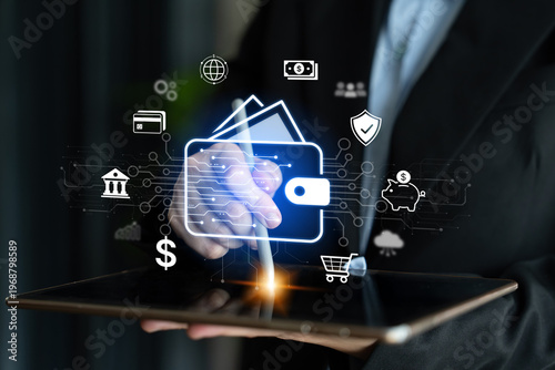 Bild auf Leinwand Modern mobile banking concept featuring secure digital wallet interface, contactless NFC payment, and money transfer