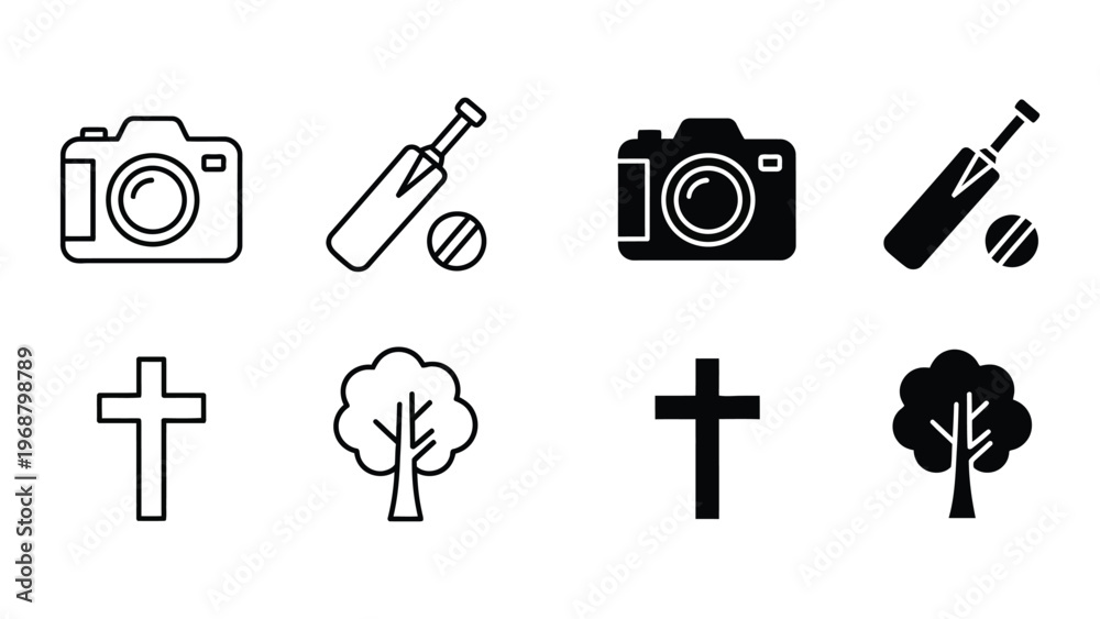 Fototapeta premium Contrast of black and white icons depicting photography, cricket, and nature symbols