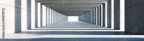 Symmetrical concrete tunnel with repetitive pillars creating dramatic light and shadow patterns, leading to a bright horizon â€“ a minimalist path of future hope. Architecture,