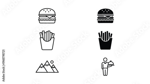 Contrasting visual styles of food and service icons in black and white