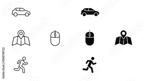 Contrasting icons representing various modes of transportation and activities