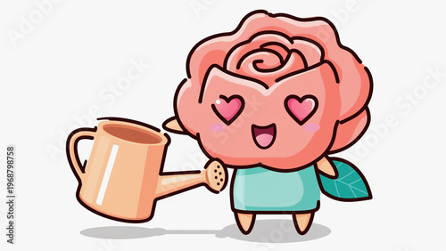 Cute kawaii flower character holding a tiny watering can, cartoon style. Ai generated.
