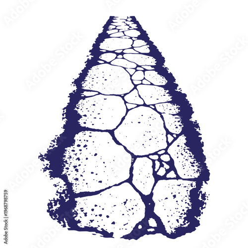 Dark blue ink of a stone pathway receding into the distance with irregular flagstones and textured edges isolated on a white background