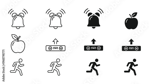 Icons depicting notifications, controls, and running actions with varying alarm and fruit symbols