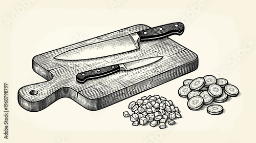 A detailed illustration of a wooden cutting board with two knives and piles of chopped vegetables.