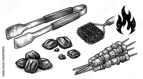 A detailed illustration of barbecue essentials including tongs, charcoal, a grill brush, skewers of meat, and flames.