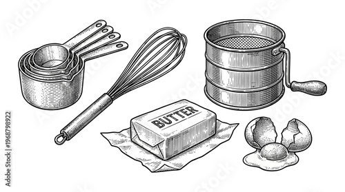 A collection of baking ingredients and tools including measuring cups, a whisk, butter, eggs, and a flour sifter.