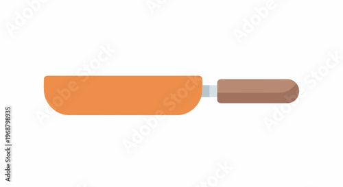 Flat lay of a kitchen knife with an orange blade and brown handle against a white background.