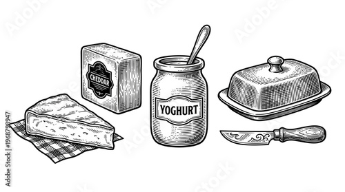 A detailed black and white illustration of dairy products including cheese, butter, and yogurt, presented in a vintage style.