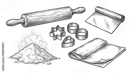 A detailed illustration of baking tools and ingredients, including a rolling pin, cookie cutters, flour, and dough.