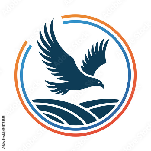 Blue eagle soaring over wavy hills inside a multicolored circular emblem with orange and blue outline