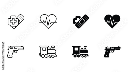 Contrasting icons of health, care, conflict, and transportation