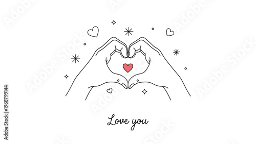 Delicate line drawing of two hands forming a heart shape surrounded by small hearts and twinkling stars for romantic love themes.