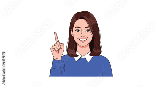 Smiling young woman in a blue sweater pointing her index finger up to indicate a new idea or a helpful tip for education concepts.