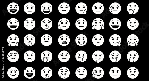 Collection of emoticon and emoji facial expression icons on isolated black background, conveying various human emotions.