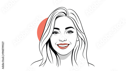 Beautiful young woman with long wavy hair smiling warmly for beauty fashion and lifestyle portrait illustration concepts.