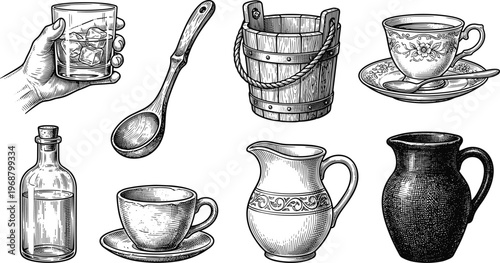 Vintage Kitchenware Sketch Set. Vintage kitchenware sketch set with cups teapot jar bottle and utensil hand drawn engraving style vector illustration