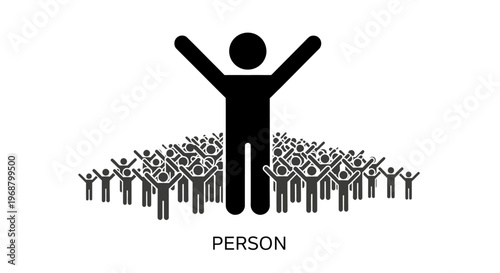 Large Leader Figure with Raised Arms Surrounded by Cheering Crowd Silhouettes on Isolated White Background