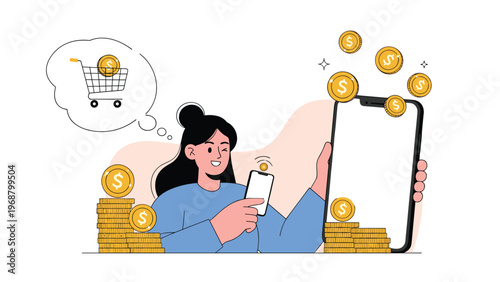Happy young woman using a smartphone with floating gold coins and a shopping cart for digital finance and mobile payment themes.