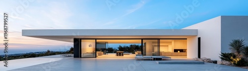 Wide perspective of a sleek white minimalist villa with expansive glass walls, revealing a warm interior glow and breathtaking twilight ocean panorama. Seamless indoor-outdoor luxury