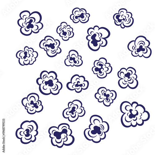 Scattered dark blue popcorn shapes on a white background featuring irregular cloud like outlines and internal organic voids in a repeating pattern