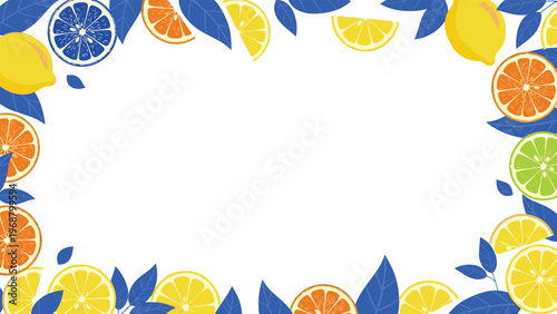 Vibrant citrus frame of lemons oranges and limes with stylized blue leaves on a white background for refreshing summer themes.