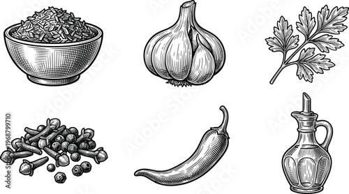 Garlic Chili Herbs Vector Set. Garlic chili herbs vector set with spice bowl and oil bottle isolated hand drawn cooking ingredient illustration