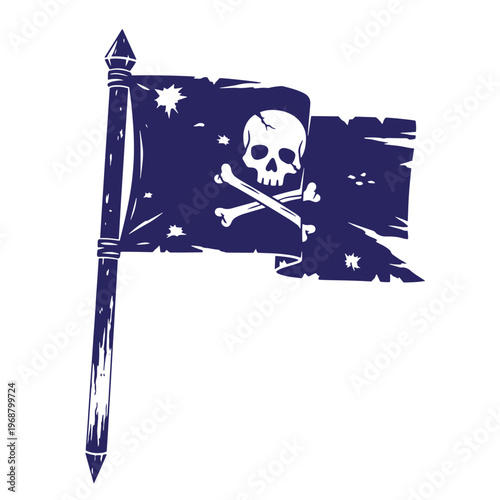 Dark blue pirate flag with a white skull and crossbones on a wooden pole featuring a tattered fabric texture and bullet hole details isolated on a white background
