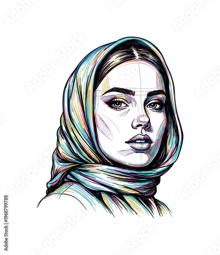 Vibrant line art portrait of a young woman wearing a colorful headscarf