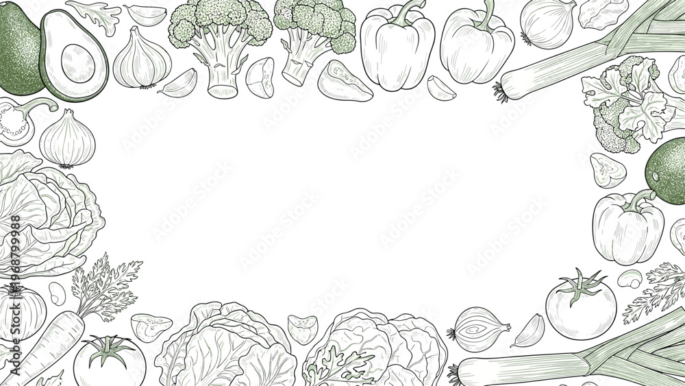 Obraz premium Rectangular frame border featuring detailed hand drawn sketches of various vegetables like cabbage, tomatoes, and broccoli on white.
