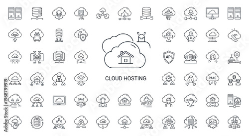 Cloud Hosting and Network Line Icons Set on Isolated White Background