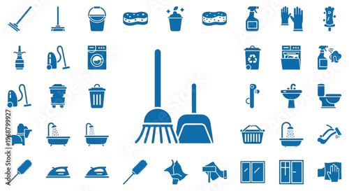 Household Cleaning and Hygiene Solid Icons Set Including Broom, Vacuum, and Washing Machine on Isolated White Background