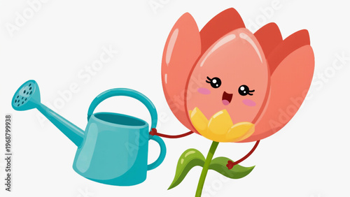 Cute kawaii flower character holding a tiny watering can, cartoon style. Ai generated.