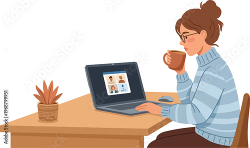 Woman sitting on rug with laptop and coffee cup working from home