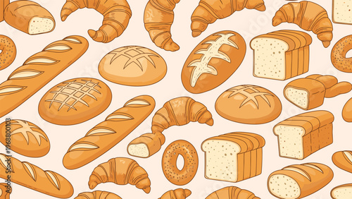 Tasty seamless pattern of many different types of baked bread loaves, baguettes, rolls, and croissants in warm orange tones.