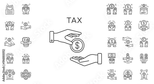 Hand Giving Money with Tax and Finance Outline Icons Set on Isolated White Background