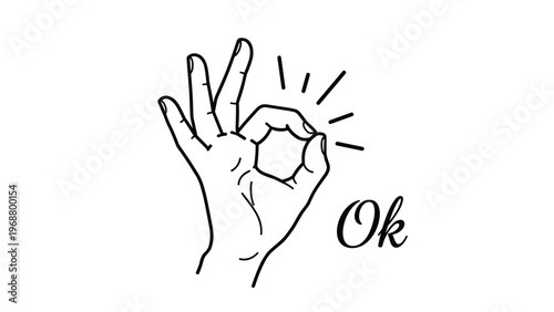 Simple black line drawing of a human hand forming the ok sign with the word ok written in an elegant cursive script font.