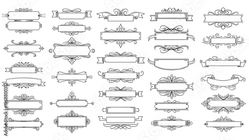 Large set of ornate vintage style banners, ribbons, and frames with elegant swirls and flourishes for decorative graphic design.
