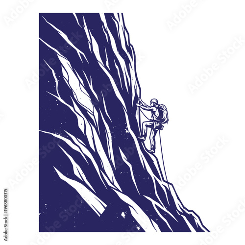 Dark blue silhouette of a rock climber ascending a steep mountain face with a rope and backpack on a white background