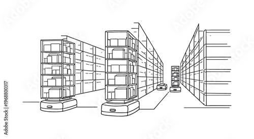 Robotic warehouse systems. Minimalistic one-line drawing autonomous robots moving shelves along organized