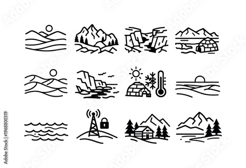 Remote wilderness. Line outline icon set of Remote wilderness: endless landscape, rugged terrain, deep canyon,