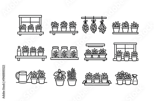 Herb garden kitchen. Line outline icon set of Herb garden kitchen: kitchen windowsill with herb pots, herbs in