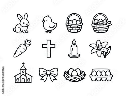 Easter symbols. Line outline icon set of Easter symbols: bunny, chick, basket, egg hunt basket, carrot, cross,