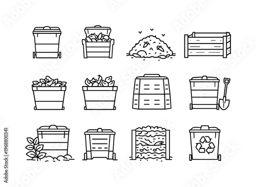 Compost bin garden. Line outline icon set of Compost bin garden: compost bin with lid, open compost bin with